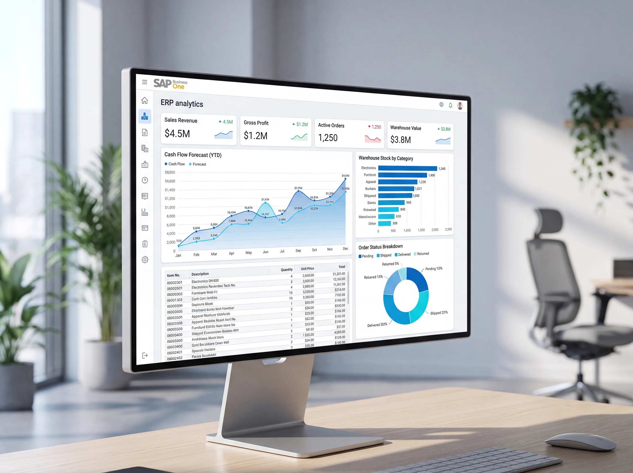 Дашборд SAP Business One: выручка, денежный поток, складские остатки и статусы заказов